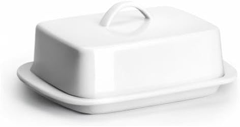 Sweese Large Butter Dish with Lid for Countertop, Porcelain 8oz Butter Keeper with Handle Cover Design, 7.7 Inch Butter Container Perfect for East/West Coast Butter, White