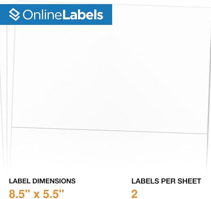 8.5 x 5.5 Half-Sheet Shipping Labels - Permanent, White Matte - for FBA, FedEx, UPS - Pack of 500 Labels, 250 Sheets - Inkjet/Laser Printers - Online Labels