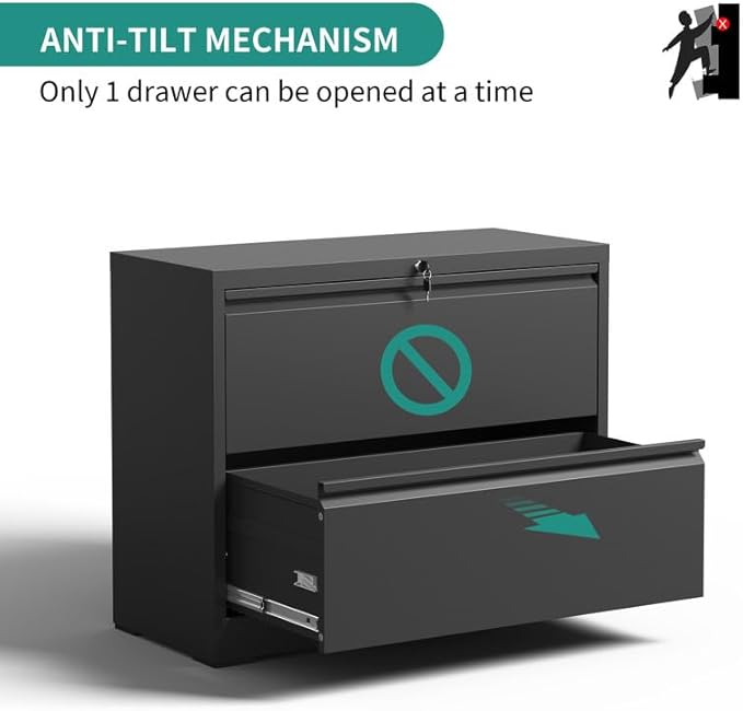 2 Drawer Lateral File Cabinet with Lock, Metal Filing Cabinets for Home Office, Steel Storage Wide File Cabinet for Letter/Legal/F4/A4 Size with Hanging Bars, Assembly Required (Black)