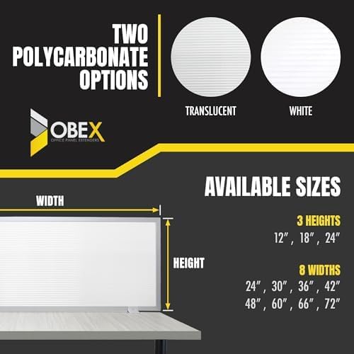 OBEX Polycarbonate Office Desk Mounted Privacy Screen Adjustable Table Top Panel Divider, Universal Aluminum Bracket-USA Made, 24" x 48", White