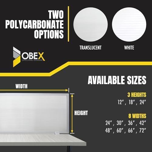 OBEX Polycarbonate Office Desk Mounted Privacy Screen Adjustable Table Top Panel Divider, Universal Aluminum Bracket-USA Made, 18" x 66", Translucent