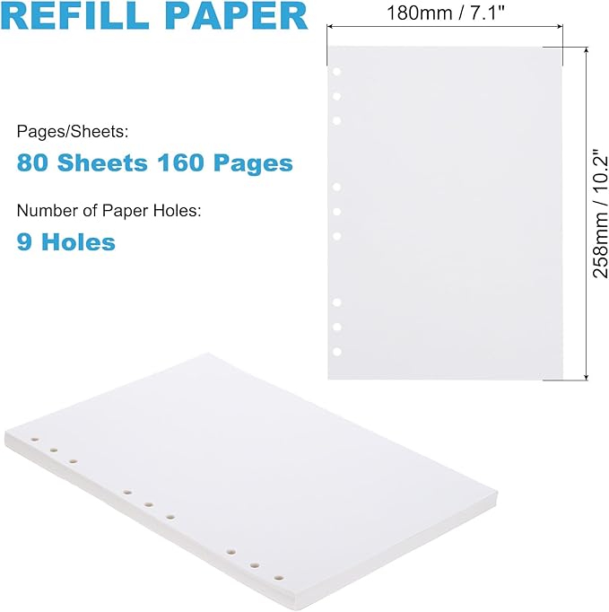 PATIKIL B5 Blank Refill Paper, Loose Leaf Paper 9 Hole Planner Refills for 9 Ring Refillable Binder Notebook Paper Filler Planner Inserts Office Diary Journals, 80 Sheets/160 Pages, White
