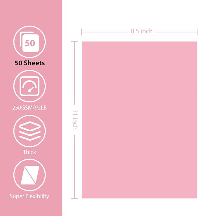 OcePor 50 Sheets Pinks Valentine's Day Cardstock Paper, Colored Printer Paper 8.5 x 11, Card Stock Thick Construction for Craft,Scrapbook,Office Printing, Invitations, Certificates,92 lb/250gsm