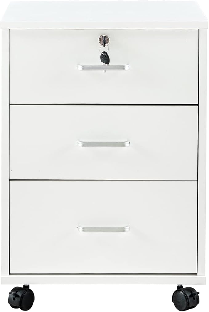File Cabinet with Lock 3 Drawer Mobile Filing Cabinet with 360° Swivel Wheels, Under Desk Storage Cabinet Wooden File Organizer for Legal/Letter/A4 Documents, Home Office Storage (White)