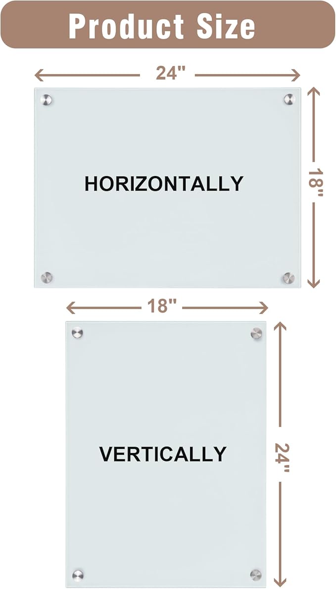 Magnetic Glass Whiteboard,24"x18" Wall Mounted Frameless Dry Erase Board for Office, Home & School White