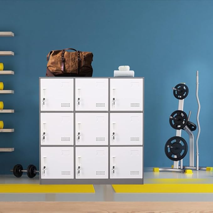 Metal Locker 9 Door Storage Cabinet, Steel Storage Lockers for Employees, Lockable Metal Cabinet with Lock and Ventilation, Office School Gym Storage Organizer