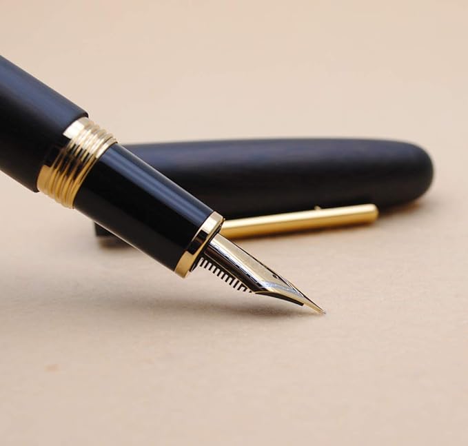 JINHAO 9056 Natural Wood Fountain Pen Handmade Ink Pen (Ebony Wood, Fine Nib 0.5mm)