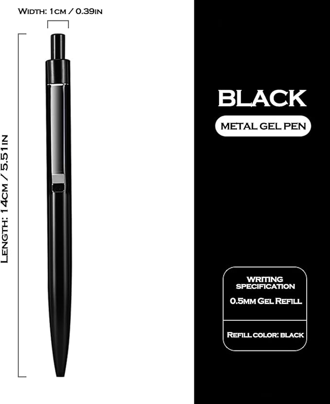 DUNBONG Black Metal Gel Pen, Gel Ink Ballpoint Pen, Black Ink, 0.5mm Retractable Ink Pen (Black)
