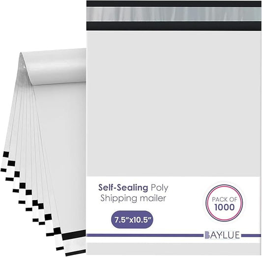 White Small Poly Mailers 7.5x10.5 Inch | Strong Adhesive Self-Seal Mailing Bags | Tamper, Tear, Water resistant Shipping Envelopes | Thick Strong Material Poly Bags Clothing Bags | 1000 Pcs Bulk
