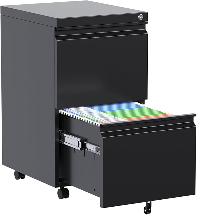 2-Drawer Rolling Metal File Cabinet with Lock – Under Desk Mobile Storage – Fits Legal/Letter/A4 Documents – Home Office Use – Black