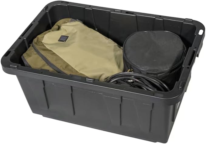 17 Gallon Storage Bin Heavy Duty Stackable Storage Tote with Snap Lid Durable Black Plastic Bin with Lockable Lid, Tie-Down Grooves Made in The USA