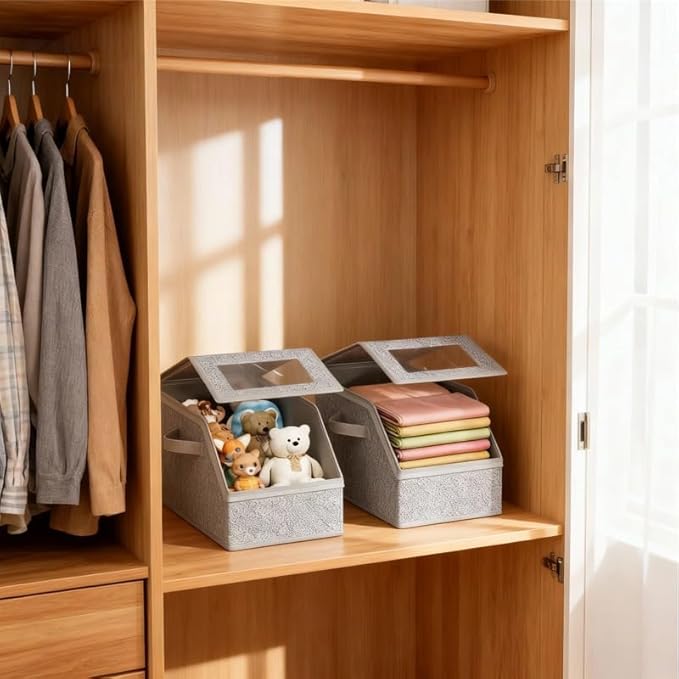 Space-Saving Hat Box with Clear Window Zipper Lid 2-Pack Stackable Closet Hat Organizer for Baseball Caps 16.5*9*7 Inches Grey