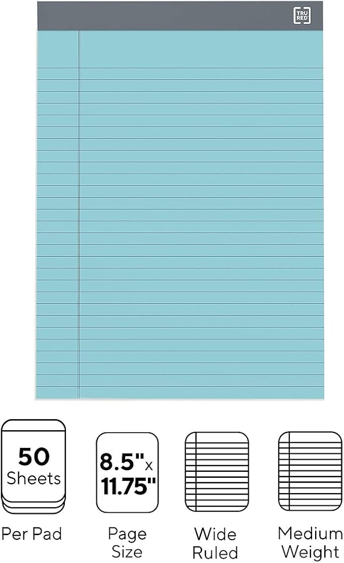 TRU RED Staples TR57363 Notepads, 8.5-Inch x 11.75-Inch, Wide Ruled, Pastels, 50 Sheets/Pad