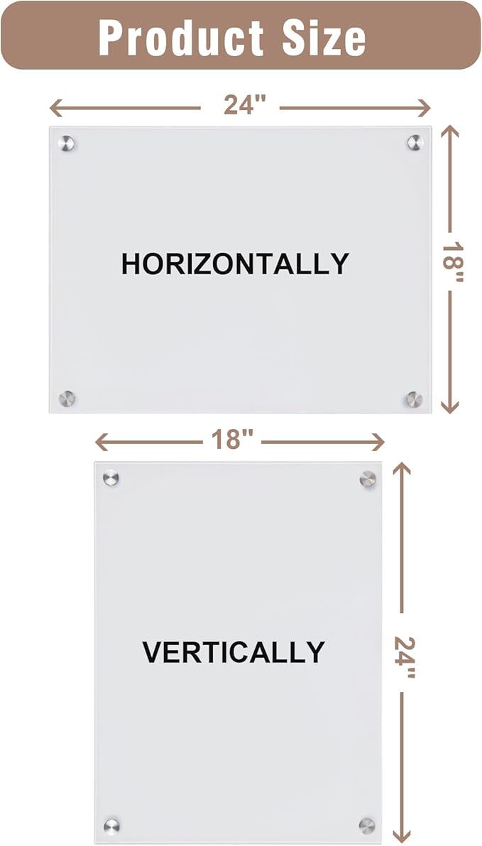 Magnetic Glass Whiteboard,24"x18" Wall Mounted Frameless Dry Erase Board for Office, Home & School Ultra White