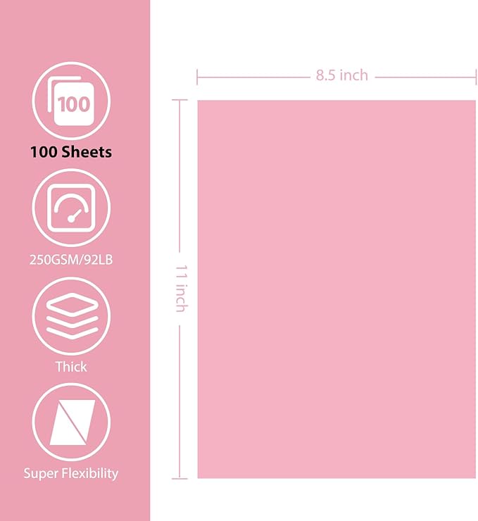 OcePor 100 Sheets Pinks Valentine's Day Cardstock Paper, Colored Printer Paper 8.5 x 11, Card Stock Thick Construction for Craft,Scrapbook,Office Printing, Invitations, Certificates,92 lb/250gsm