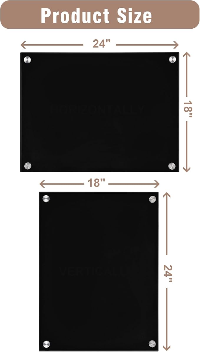Magnetic Glass Whiteboard,24"x18" Wall Mounted Frameless Dry Erase Board for Office, Home & School Black