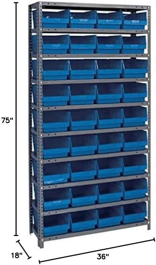 Quantum Storage Systems 1875-208BL Store More Steel Shelving Unit with 6" Shelf Bins, 18" D x 36" W x 75" H, Blue