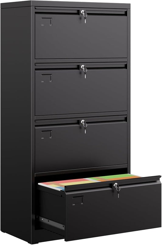 Metal 4 Drawer Lateral File Cabinet with 4 Lock - Wide Filing Cabinet for Letter/Legal/F4/A4 Hanging Files - Includes Business Card Holder,Home Office School Storage,Black