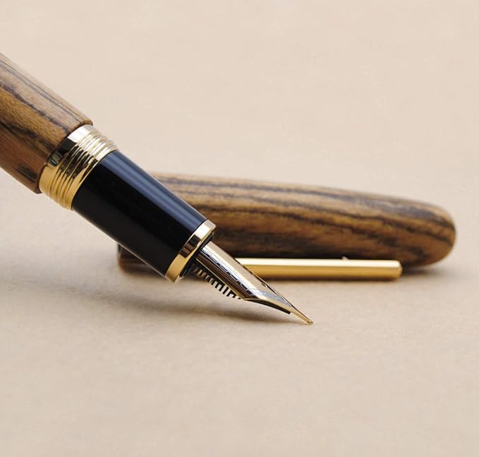 JINHAO 9056 Natural Wood Fountain Pen Handmade Ink Pen (Tiger Wood, Fine Nib 0.5mm)
