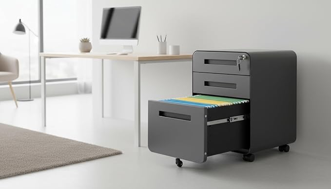Modern 3-Drawer Mobile File Cabinet, Dark Grey Metal Filing Cabinet with Lock, Under-Desk Rolling File Storage with 5 Wheels, Legal/Letter/A4 Hanging File Compatible, 15.75" W x 18.11" D x 22.83" H
