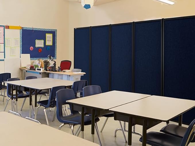 Upgrade Version Room Partition and Divider, Freestanding Rolling Dividers with Wheels,Office Privacy Screen Divider Wall,Classroom Felt Dividers,8'2"L* 6'7"H,4 Panel,Blue
