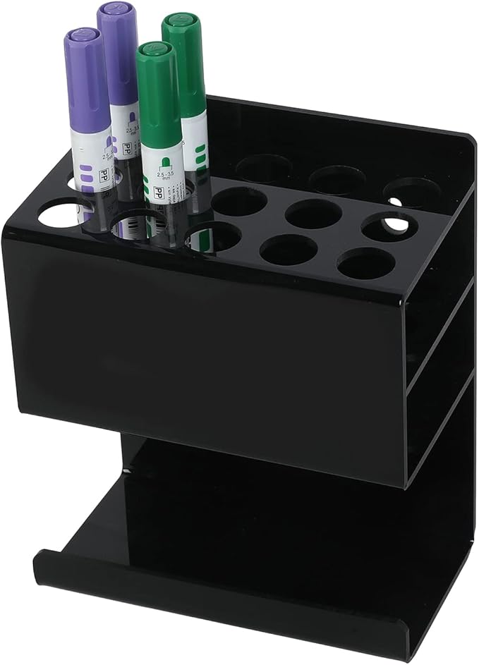 MyGift Wall Mounted Black Premium Acrylic Dry Erase Marker and Eraser Holder Rack with 15 Round Slots and Storage Ledge, Meeting Room Classroom Dorm Office or Home Whiteboard Accessory Rack
