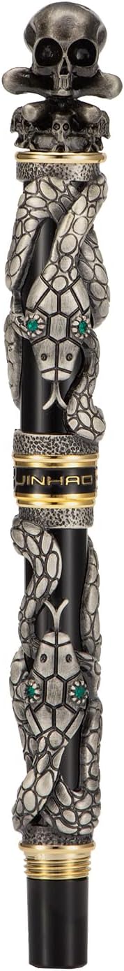 Jinhao Black Snake Fountain Pen Extra Fine Nib Retro Style with Skull Head Solid Metal and Paper Pen Case Set