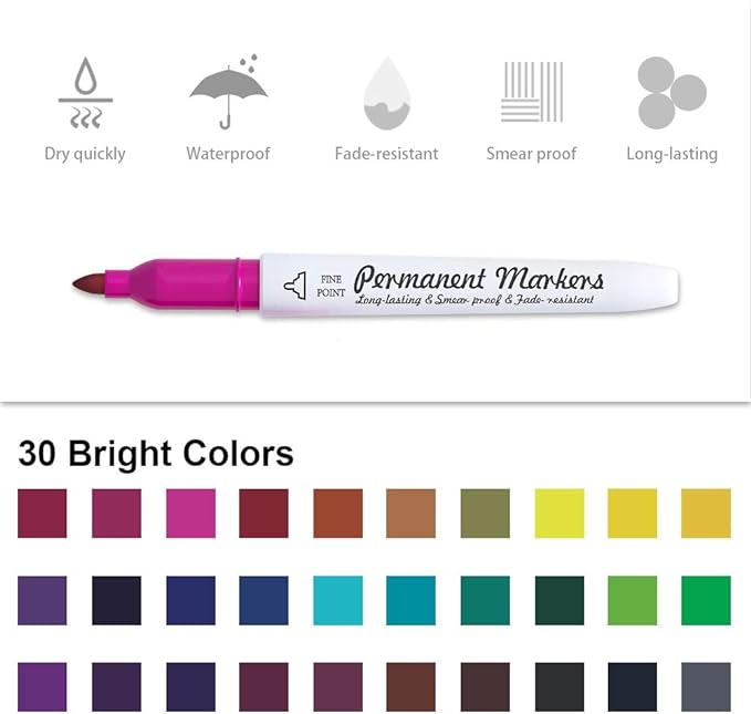 Lelix 30 Colors Permanent Markers, Fine Point, Assorted Colors, Works on Plastic,Wood,Stone,Metal and Glass for Kids Adult Coloring Doodling Marking