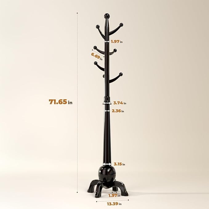 Wood Coat Rack Freestanding, Solid Wooden Hall Tree with 8 Hooks, Coat Tree Freestanding Heavy Duty with Stable Base, Entryway Hallway Bedroom Office Use, 240lbs Load Capacity H:71.6in (Black)