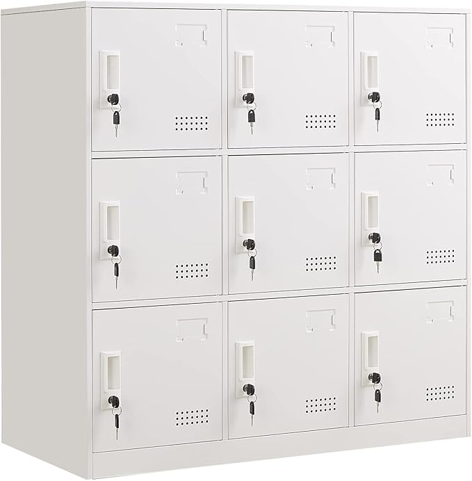 Metal Locker 9 Door Storage Cabinet, Steel Office Storage Lockers for Employees, Lockable Metal Cabinet with Lock and Ventilation, Office School Gym Garage Storage Organizer