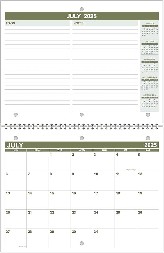 Calendar 2025-2026 for 3 Ring Binder - Calendar 2025-2026 from July 2025 - December 2026, 18 Months Calendar with Premium Paper, 3-Hole Wall Calendar, 8.5" x 11", Green