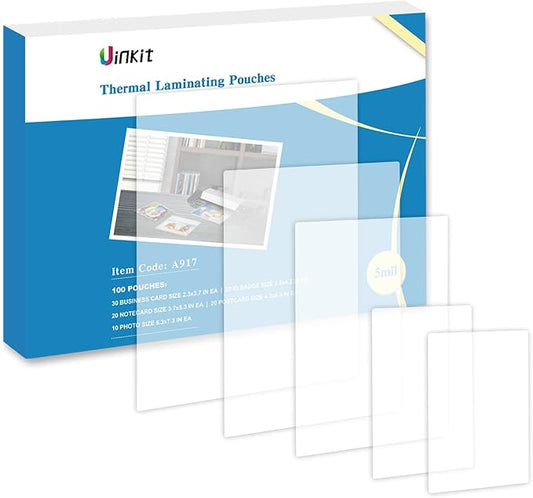 Uinkit Thermal Laminating Pouches Variety Small Size 5mil Thickness Card Notecard ID Badge Business Photo Size Professional Quality Dry-Erase Friendly Sheets Glossy Clear Laminator Pouch,100 Pack