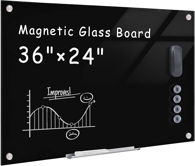 Magnetic Glass Whiteboard,36"x24" Wall Mounted Frameless Dry Erase Board for Office, Home & School Black