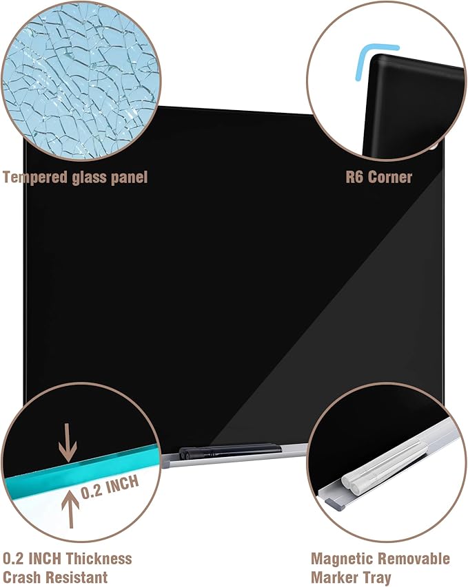 Magnetic Glass Whiteboard,60"x48" Wall Mounted Frameless Dry Erase Board for Office, Home & School Black