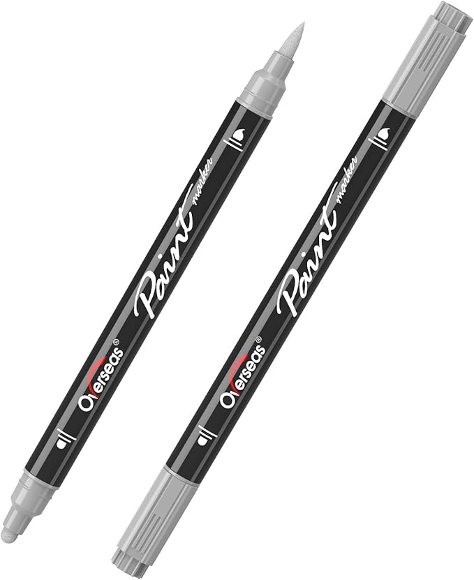 Overseas Silver Acrylic Paint Markers, 2 Pack Dual Tip Paint Pens Acrylic Markers with Dot and Brush Tip, No Bleeding Coloring Marker for Wood, Rock, Canvas, Glass, Metal, Ceramic, Plastic, Fabric