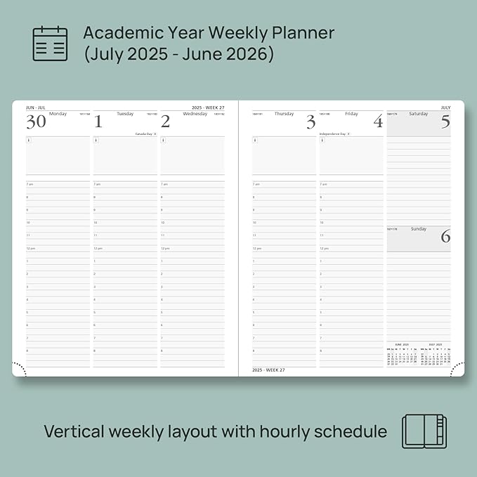 POPRUN Planner 2025-2026, (Large 8.5'' x 10.5'' Hard Cover) Academic Calendar (July 25-June 26) Daily Weekly and Monthly Appointment Book with Hourly Time Slots, Monthly Tabs, 100 GSM - Haze Blue
