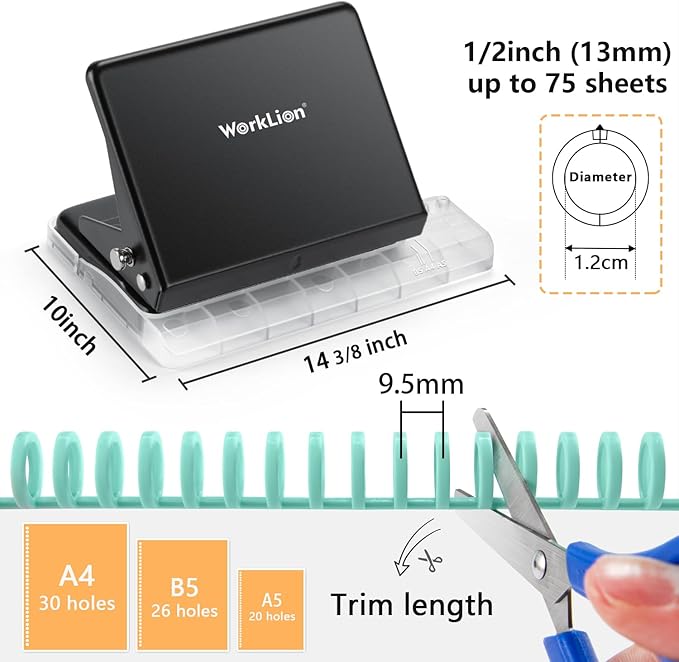 Binding Machine for Planner: WORKLION Metal 10 Hole Punch&Multi Color 30 Hole Loose Leaf Binder Rings(10 pcs) for Making 26 Holes on B5 Paper, 30 Holes on A4, 20 Holes on A5 Book, Black
