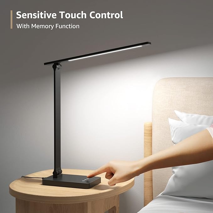 Lepro LED Desk Lamp with USB Charging Port Dimmable Home Office Touch Control Reading Table Lamp,3 Color Modes with 5 Brightness Level,College Dorm Room Essentials, Eye Caring, Sewing, Crafting, Black