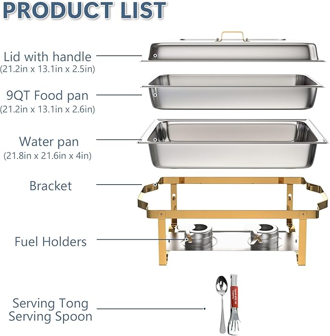 SIOTMERA 9QT Chafing Dishes for Buffet 1 Pack, Thickened Stable Stainless Steel Chafing Dish Buffet Set, Rolled Edge No Finger Cut Food Warmers for Party Catering Events Weddings, Gold and Silver