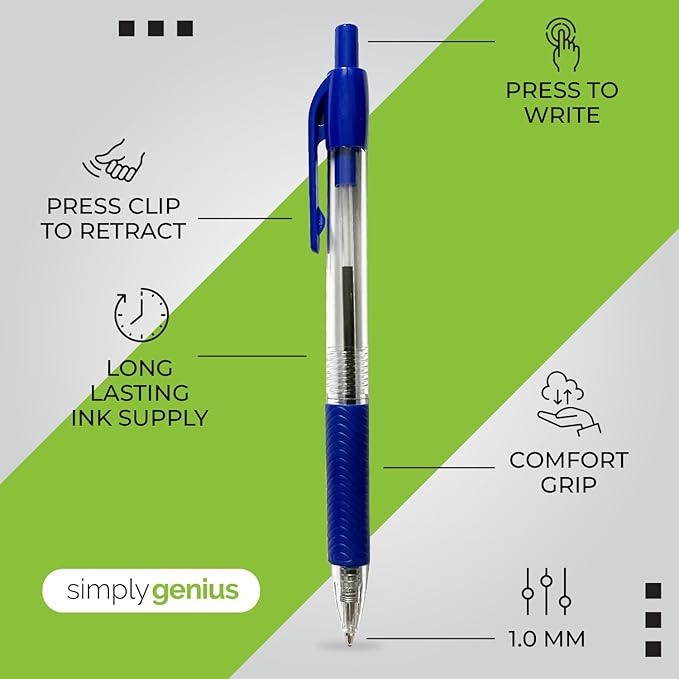 Simply Genius 200-Pack Retractable Blue Pens - Ballpoint Pens for Smooth Writing and Comfortable Grip - Ideal for Journaling and Note-taking - Blue Ink