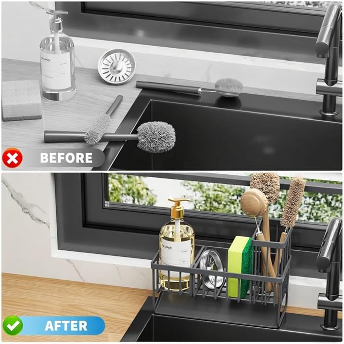 Cisily Sink Caddy Organzier with High Brush Holder, Sponge Holder for Sink, 304 Rustproof Stainless, Kitchen Countertop Soap Dispenser Organizer, Dark Gray Kitchen Decor and Accessories