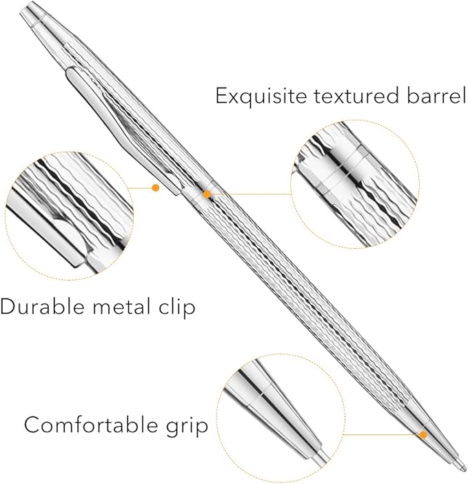 Unibene Slim Metallic Retractable Ballpoint Pens - Carved Silver, Nice Gift for Business Office Students Teachers Wedding Christmas, Medium Point(1 mm) 6 Pack-Black ink