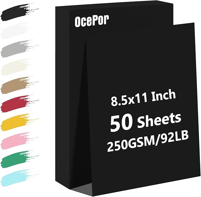 OcePor 50 Sheets Black Cardstock Paper, Colored Printer Paper 8.5 x 11, Card Stock Thick Construction for Craft,Scrapbook,Office Printing, Invitations, Certificates,92 lb/250gsm