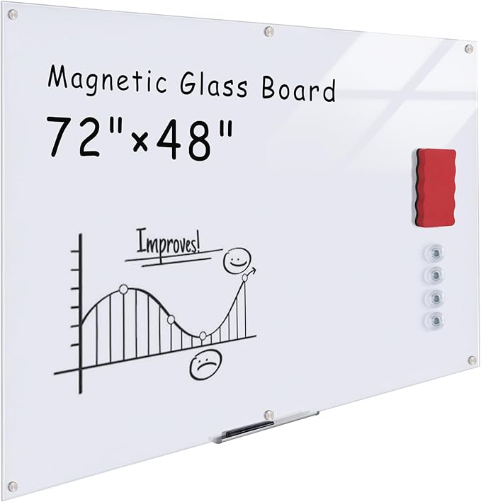 Magnetic Glass Whiteboard,72"x48" Wall Mounted Frameless Dry Erase Board for Office, Home & School Ultra White