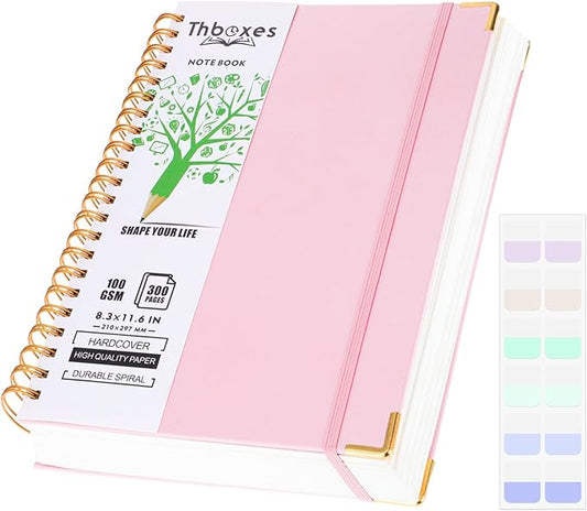 Spiral Notebook 8.3” x 11.6”, 300 Pages/150 Sheets Pink Notebook College Ruled A4 Spiral Notebook Journaling Notebook with Index Sticker, Back Pocket, Elastic Band for Work Business School Note Taking