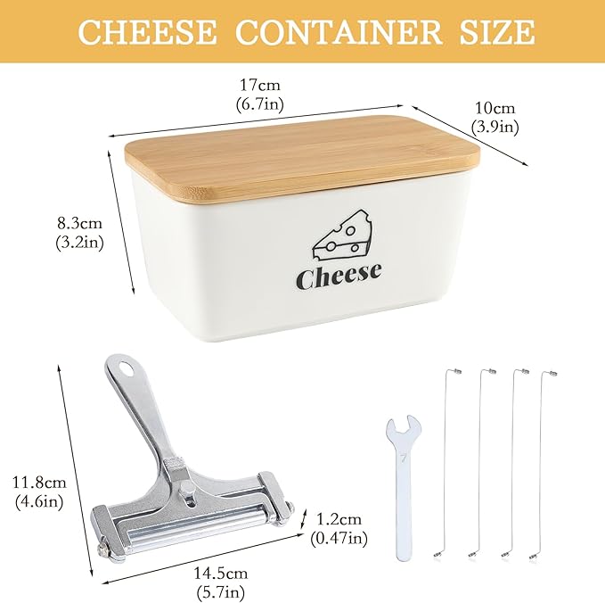 Cheese Container for Refrigerator,Shredded Cheese Container with Bamboo Lid,Ceramic Cream Block Sliced Cheeses Storage Box,Grated,Cheddar Cheeses Saver for Fridge,Kitchen Organizer