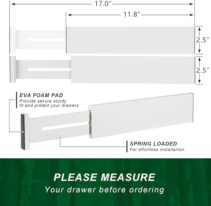 4 Pack Bamboo Drawer Dividers, Adjustable Length from 12 Inch to 17 Inch, Expandable Kitchen Drawer Organizer, Drawer Organization Separators for Clothes, Kitchen, Bedroom, Dresser, Office (White)