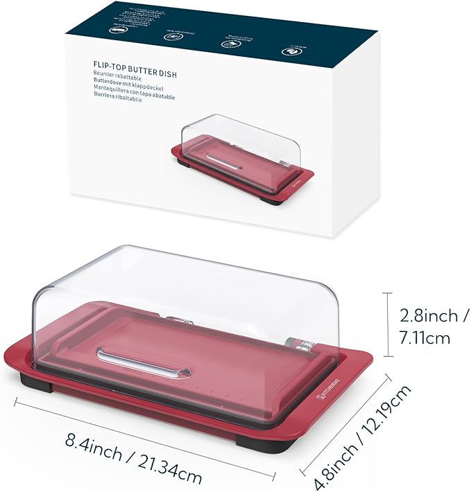 KITCHENDAO Airtight Flip-Top Butter Dish with Lid for Countertop and Refrigerator, Butter Keeper, Plastic Butter Holder Tray for 2 Sticks East Coast/West Coast/European Style/ Kerrygold Butter (Red)