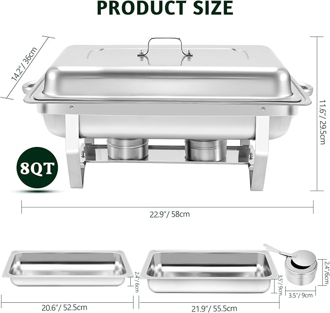 8 Qt 4 Pack Full Size Stainless Steel Chafing Dishes Buffet Set, Silver Rectangular Catering Chafer Warmer Set with Trays Pan Lid Folding Frame Stand for Kitchen Party Banquet Dining