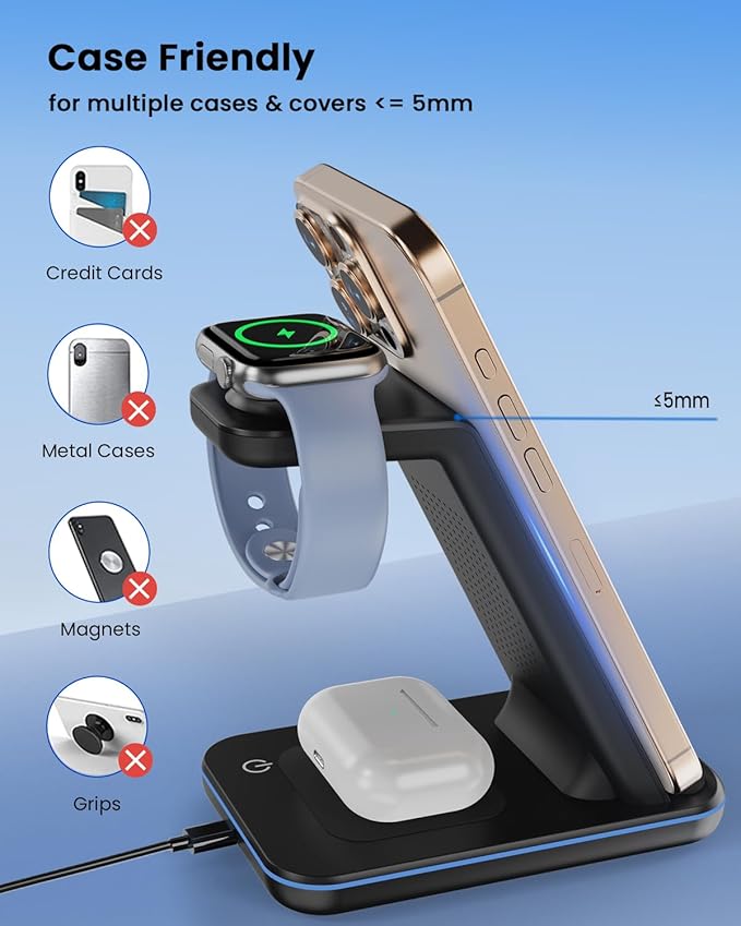 Wireless Charger Stand, CIYOYO 3 in 1 Fast Wireless Charging Station Dock for Apple Watch 11/9/8/7/6/SE/5/4/3/2, Airpods 3/2/Pro, iPhone 17/16/15/14/14 Plus/14 Pro Max/13/13 Pro/12/12 Pro/SE/X/XR/XS/8